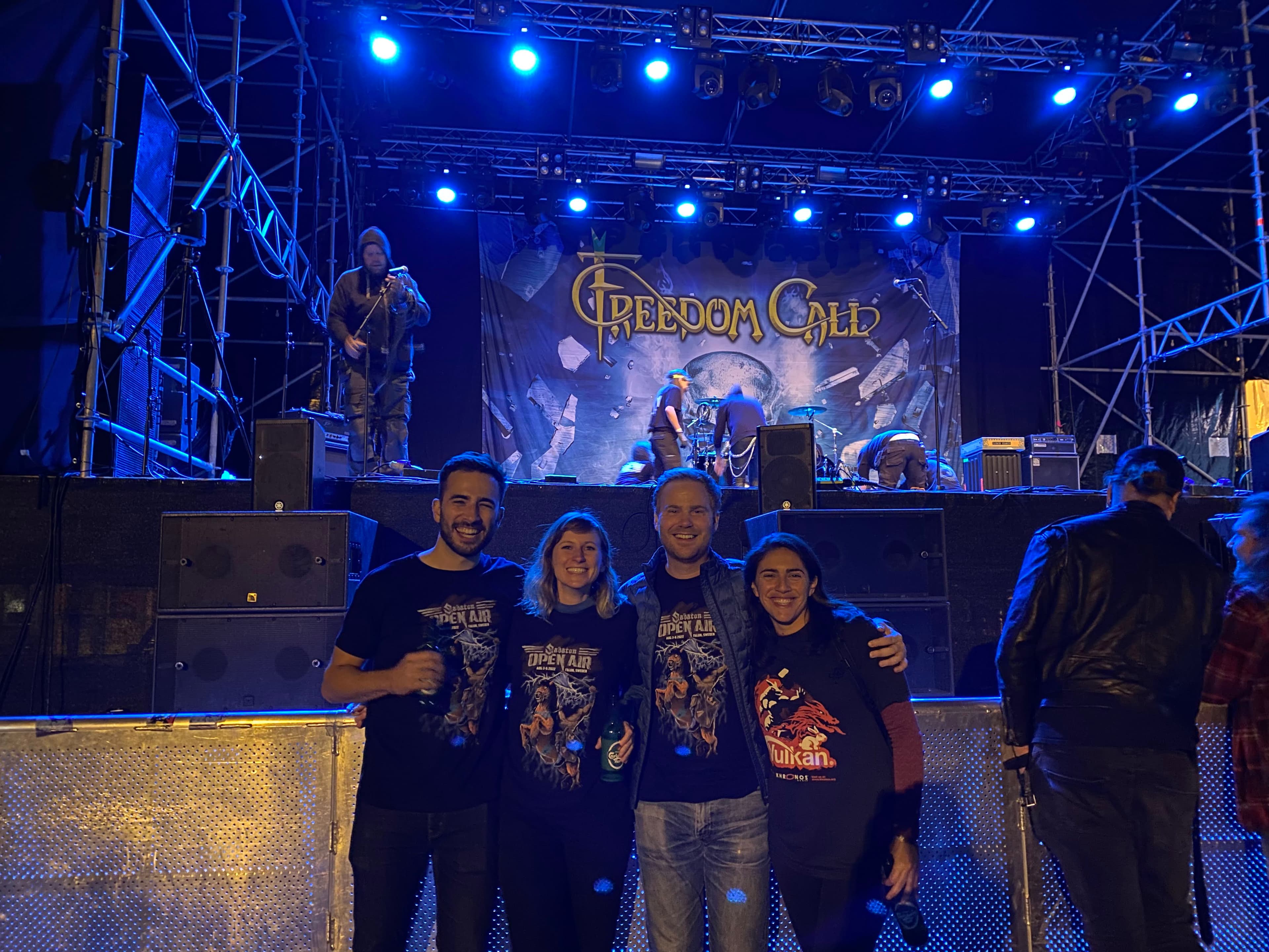 Ariana and Erik posing with friends Tom and Lily at a Freedom Call concert in Sweden