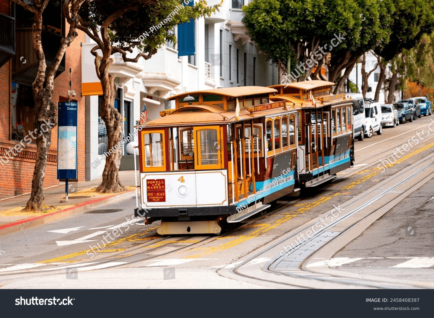 Historic Cable Car at Powell Hyde turntable station near Fisherman's Wharf in San Francisco, California. Unique and famous public transport system with wooden trains on steep roads