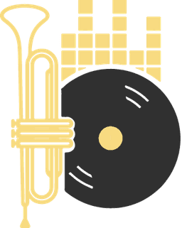 Golden Bell's band logo, which is a yellow trumpet next to a record and volume effect coming out of the record.'